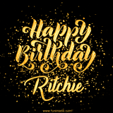 Animated GIF with colorful, festive 'Happy Birthday Ritchie' text decorated with patterns, a party hat, and falling confetti. A vibrant and cheerful design for birthday celebrations.
