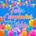 A vibrant animated GIF with 'Feliz Cumpleaños Ritchie' written in colorful script, surrounded by balloons, confetti, and bunting on a bright blue background.