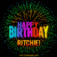 A colorful animated GIF featuring the text 'Happy Birthday Ritchie!' in rainbow colors with a dynamic iridescent firework display in the background.
