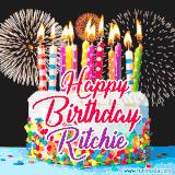 A lively happy birthday animated GIF showcasing a colorful birthday cake covered in sprinkles, topped with glowing candles, and surrounded by vibrant fireworks. The name 'Ritchie' is featured in elegant script.