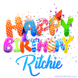 Animated GIF with colorful, festive 'Happy Birthday Ritchie' text decorated with patterns, a party hat, and falling confetti. A vibrant and cheerful design for birthday celebrations.