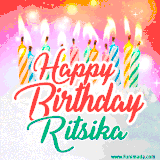 Bright birthday candles with rainbow flames on a cake, alongside the text 'Happy Birthday Ritsika' in vibrant script in this celebratory animated GIF.