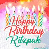 Bright birthday candles with rainbow flames on a cake, alongside the text 'Happy Birthday Ritzpah' in vibrant script in this celebratory animated GIF.