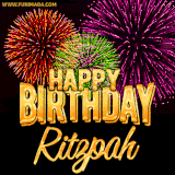 A golden 'Happy Birthday Ritzpah' message with vibrant fireworks in the background, creating a festive and celebratory vibe in this animated name GIF.