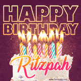 A colorful birthday cake topped with lit candles, with the words 'Happy Birthday Ritzpah' in bold glowing letters on a burgundy background. Animated flames add a festive touch.