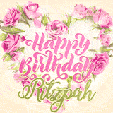 A stunning heart made of pink roses surrounds the elegant script text 'Happy Birthday Ritzpah' on a soft beige background. Animated sparkles add a magical and festive feel.