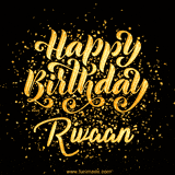 Animated GIF with colorful, festive 'Happy Birthday Rivaan' text decorated with patterns, a party hat, and falling confetti. A vibrant and cheerful design for birthday celebrations.