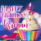 A festive animated GIF featuring a colorful cupcake with a single lit candle, sprinkles, and 'Happy Birthday Rivaan' text against a sparkling, celebratory background.