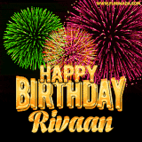 A captivating GIF with bursts of green, pink, and orange fireworks lighting up the night sky, accompanied by 'Happy Birthday Rivaan' in glowing golden text.