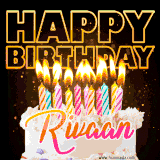 A vibrant animated GIF featuring a delicious birthday cake topped with glowing candles and the name 'Rivaan' in elegant script, and the words 'Happy Birthday' on the black background.