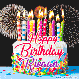 A lively happy birthday animated GIF showcasing a colorful birthday cake covered in sprinkles, topped with glowing candles, and surrounded by vibrant fireworks. The name 'Rivaan' is featured in elegant script.