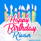 A cheerful animated GIF featuring colorful lit birthday candles on a white cake, with the text 'Happy Birthday Rivan' in bold red and blue script on a bright blue background.