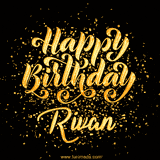 Animated GIF with colorful, festive 'Happy Birthday Rivan' text decorated with patterns, a party hat, and falling confetti. A vibrant and cheerful design for birthday celebrations.