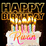 A vibrant animated GIF featuring a delicious birthday cake topped with glowing candles and the name 'Rivan' in elegant script, and the words 'Happy Birthday' on the black background.