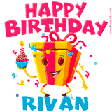 A funny animated birthday GIF with the words 'Happy Birthday Rivana', colorful gift box with arms and legs, holding a cupcake with a lit candle  with confetti everywhere.