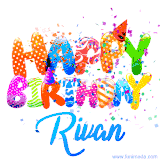 Animated GIF with colorful, festive 'Happy Birthday Rivan' text decorated with patterns, a party hat, and falling confetti. A vibrant and cheerful design for birthday celebrations.