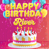 Pink-themed animated greeting with balloons, confetti, and a frosted cake under the message 'Happy Birthday River' in bold rounded yellow font.