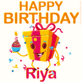 A vibrant and funny gift box character with a happy face dancing with a cupcake and the text 'Happy Birthday Riya,' surrounded by animated confetti and party vibes.