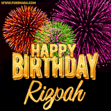 A golden 'Happy Birthday Rizpah' message with vibrant fireworks in the background, creating a festive and celebratory vibe in this animated name GIF.