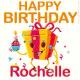 A vibrant and funny gift box character with a happy face dancing with a cupcake and the text 'Happy Birthday Rochelle,' surrounded by animated confetti and party vibes.