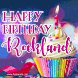 A festive animated GIF featuring a colorful cupcake with a single lit candle, sprinkles, and 'Happy Birthday Rockland' text against a sparkling, celebratory background.