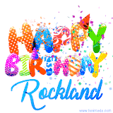Animated GIF with colorful, festive 'Happy Birthday Rockland' text decorated with patterns, a party hat, and falling confetti. A vibrant and cheerful design for birthday celebrations.