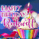 A festive animated GIF featuring a colorful cupcake with a single lit candle, sprinkles, and 'Happy Birthday Rockwell' text against a sparkling, celebratory background.