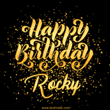 Animated GIF with colorful, festive 'Happy Birthday Rocky' text decorated with patterns, a party hat, and falling confetti. A vibrant and cheerful design for birthday celebrations.