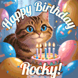 A playful tabby cat sits behind a colorful birthday cake surrounded by balloons and confetti, with 'Happy Birthday Rocky!' written above in festive letters.