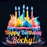 A vibrant animated GIF featuring a colorful rotating birthday cake with bright frosting swirls, glowing candles, and the text 'Happy Birthday Rocky!' in rainbow colors.