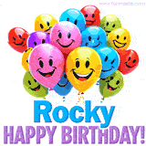 An animated birthday-themed name GIF with colorful smiling balloons and bold 'Rocky, Happy Birthday!' text for a celebratory touch.