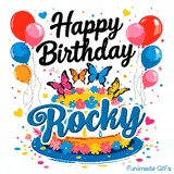 An animated graphic showing a cake decorated with little flowers and topped with butterflies, personalized for Rocky.