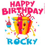 A funny animated birthday GIF with the words 'Happy Birthday Rockya', colorful gift box with arms and legs, holding a cupcake with a lit candle  with confetti everywhere.