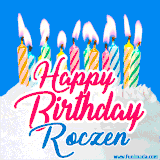 A cheerful animated GIF featuring colorful lit birthday candles on a white cake, with the text 'Happy Birthday Roczen' in bold red and blue script on a bright blue background.