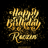 Animated GIF with colorful, festive 'Happy Birthday Roczen' text decorated with patterns, a party hat, and falling confetti. A vibrant and cheerful design for birthday celebrations.