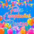 A vibrant animated GIF with 'Feliz Cumpleaños Roczen' written in colorful script, surrounded by balloons, confetti, and bunting on a bright blue background.