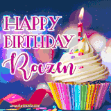 A festive animated GIF featuring a colorful cupcake with a single lit candle, sprinkles, and 'Happy Birthday Roczen' text against a sparkling, celebratory background.