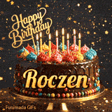 An animated birthday card featuring a detailed chocolate cake under falling gold dust, personalized for Roczen.