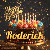 Gold Happy Birthday topper and bright burning candles on a chocolate frosted cake with the name Roderick.