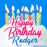 A cheerful animated GIF featuring colorful lit birthday candles on a white cake, with the text 'Happy Birthday Rodger' in bold red and blue script on a bright blue background.
