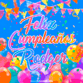 A vibrant animated GIF with 'Feliz Cumpleaños Rodger' written in colorful script, surrounded by balloons, confetti, and bunting on a bright blue background.