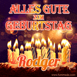 An animated GIF featuring 'Alles Gute Zum Geburtstag Rodger' in glowing red and gold letters above a cake with colorful lit candles, set against a festive sparkling background.