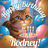 A playful tabby cat sits behind a colorful birthday cake surrounded by balloons and confetti, with 'Happy Birthday Rodney!' written above in festive letters.