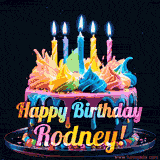 A vibrant animated GIF featuring a colorful rotating birthday cake with bright frosting swirls, glowing candles, and the text 'Happy Birthday Rodney!' in rainbow colors.
