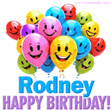 An animated birthday-themed name GIF with colorful smiling balloons and bold 'Rodney, Happy Birthday!' text for a celebratory touch.