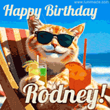 A cheerful cat wearing sunglasses, enjoying drinks on a sunny beach chair, with the text 'Happy Birthday Rodney!' in bright letters.