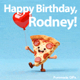 Seamlessly looping funny birthday e-card with a dancing pizza for Rodney
