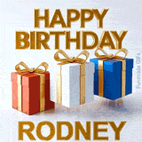 Perfectly looping animated GIF for Rodney's birthday displaying three colorful presents with gold ribbons moving up and down under golden 3D text