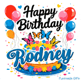 White drip cake on a blue platter with the name Rodney, surrounded by confetti, colorful hearts, and balloons.