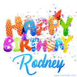 Animated GIF with colorful, festive 'Happy Birthday Rodney' text decorated with patterns, a party hat, and falling confetti. A vibrant and cheerful design for birthday celebrations.